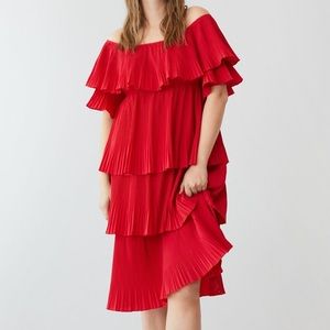 Red off the shoulder pleated ruffle dress, Violeta by Mango